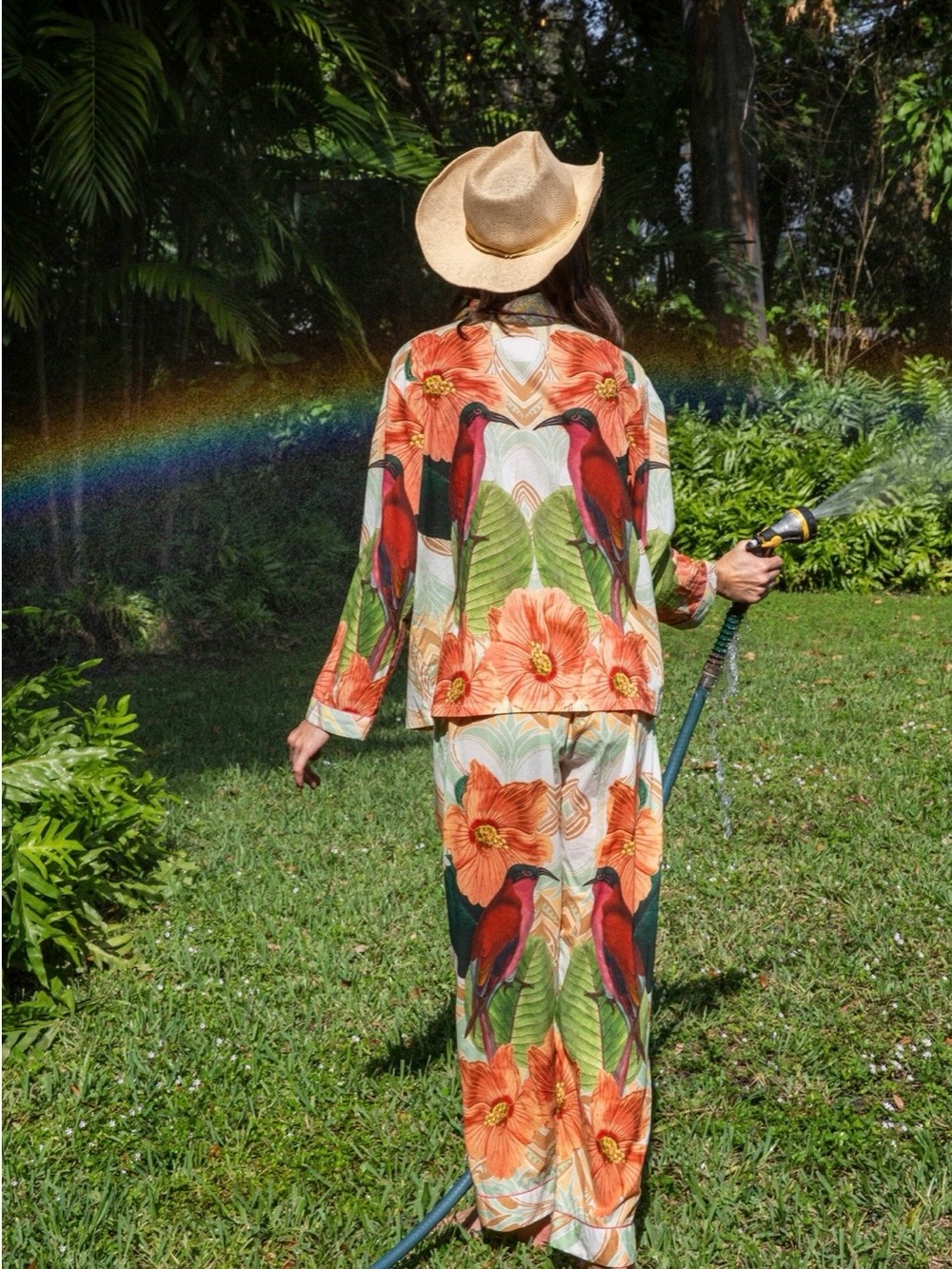 Tropical Wide-Leg Floral Pants in Orange & Green - Picture 2 of 5